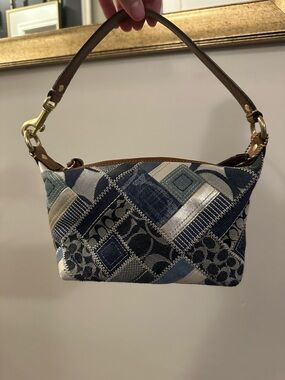 Coach Denim Light Blue Lined Handbag Interior with Brown Leather Patch